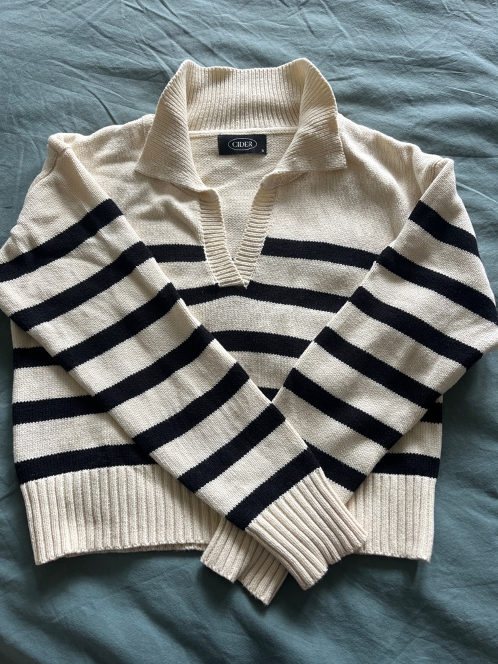 Cider Cream and Black Striped V‑Notch Collar Sweater